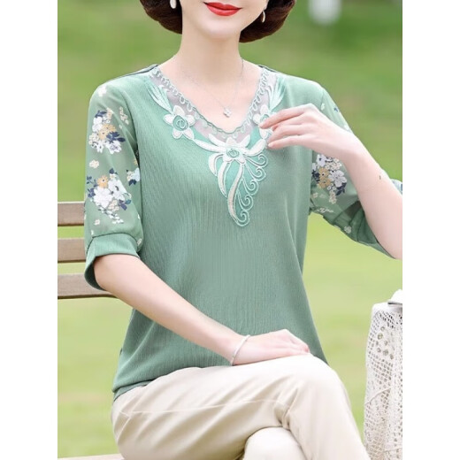 俞兆林（YUZHAOLIN）中老年女装妈妈夏装短袖T恤冰丝上衣2025新款经典款式 FQLH698  绿色+黑色三角裤) 2XL (105-120斤)