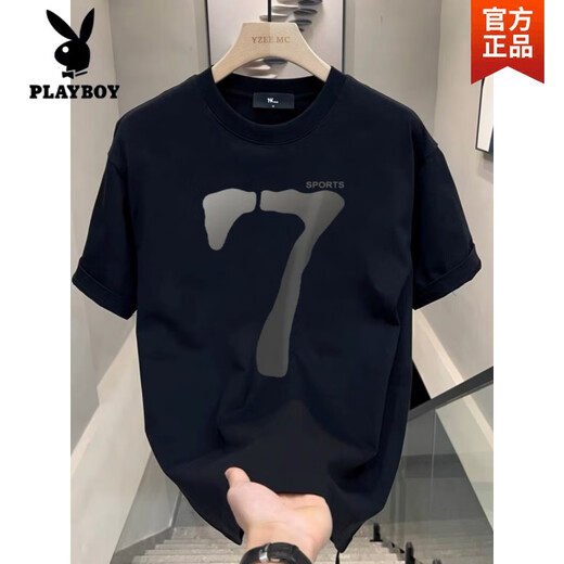 Playboy (PLAYBOY) 2025 summer new short-sleeved T-shirt men's trendy men's clothes loose casual printed T-shirt half-sleeved black V753 black high quality 2XL