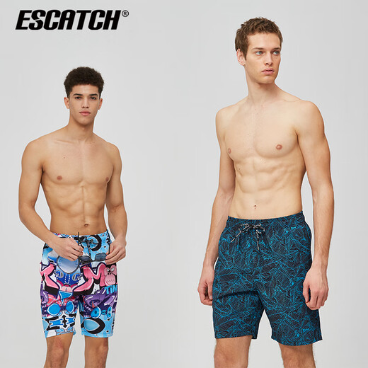 ESCATCH summer men's shorts five-point beach pants men's trendy brand quick-drying can be entered into the water loose seaside resort hot spring swimming trunks ES7 gray leaves (triangular lining) M