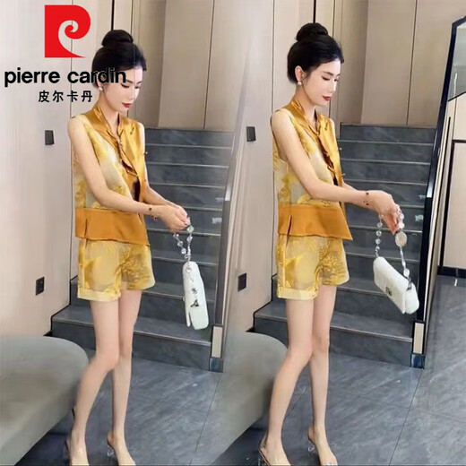 Pierre Cardin Chinesischer Stil und edler Modeanzug für Frauen 2025 Sommer neuer Stil Gantry-Ärmel-Spleißknopf-Weste Shorts Zweiteiler Set für Frauen 12158-Gelb-Set M [Vorgeschlagen 80-95jin [Jin gleich 0,5 kg]]