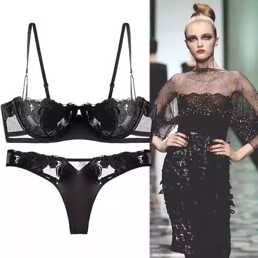 Victoria Palace Plus Size Bra Thin Cup Sexy Lace Half Cup Push Up Bra Thong Underwear Set Women's Small Bra Black M