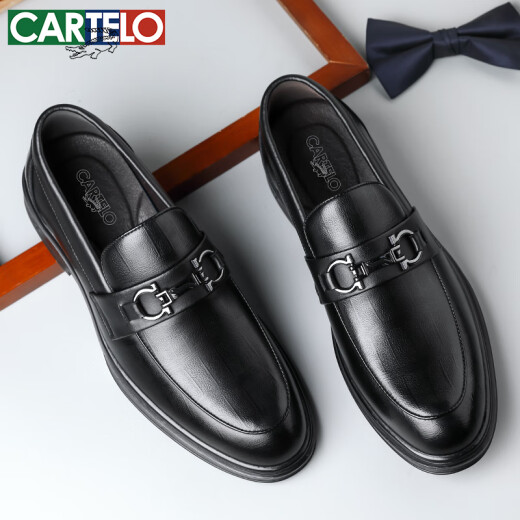卡帝乐鳄鱼（CARTELO）男士乐福鞋商务休闲皮鞋格纹透气一脚蹬正装皮鞋男9902黑色41