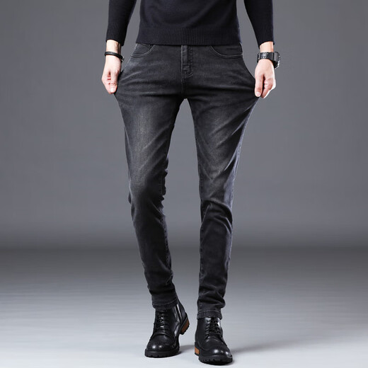 Romon Black Jeans Spring y Autumn Slim Feet Small Pequeños Pantalones casuales de hombres Largos Pantalones delgados de verano 1048-Negro Regular 29