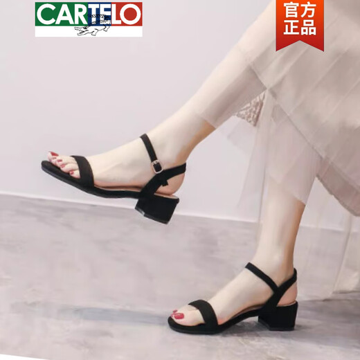CARTELO Sandals for women 2025 new summer versatile mid-heel thick heels one-length high heels women's outer wear skirt black heel height 4 cm-698-4 40