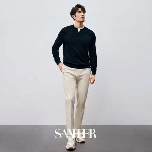 SANHEER儒雅绅士 高支长绒棉珠地纹理 春季百搭男士亨利领针织衫 DAZ694 黑色 3XL /56