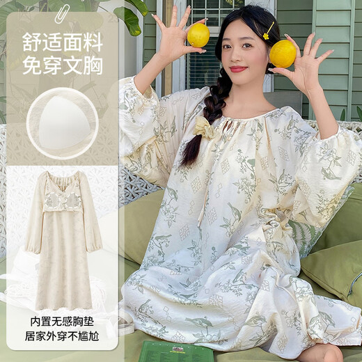 Yilaiting Nachthemd mit Brustpolster für Frauen im Herbst und Winter lange Ärmel Wolkenwolkenwarenary Style Long Kleid Pyjamas Frauen Heimkleidung Sommer ZH-AM13063 M