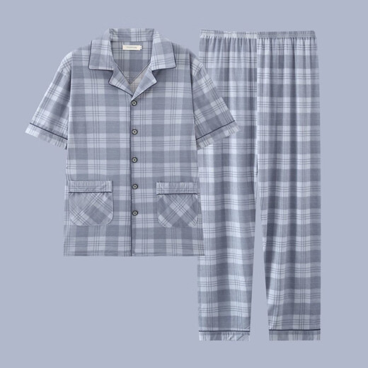
Heyu men's pajamas men's short-sleeved summer thin cotton teenage pajamas men's plus size spring and summer home clothing set G3881 blue (short-sleeved) 175 L [recommended 100-120 Jin [Jin equals 0.5 kg]]