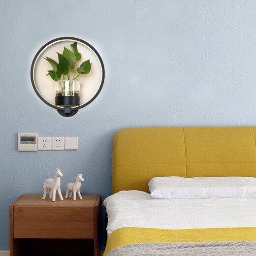 Miaopule modern minimalist Nordic creative living room dining room stair aisle lamp study bedroom bedside lamp hydroponic plant wall lamp round black model with hand switch white light LED