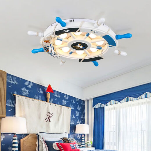 Shantou Lincun Plafonnier pour chambre d'enfant dans la chambre d'un bateau de pirate, lampe de gouvernail de style méditerranéen, lampe de chambre à coucher de dessin animé de célébrité sur Internet, bleu et blanc, ensemble complet de gradation en continu + télécommande