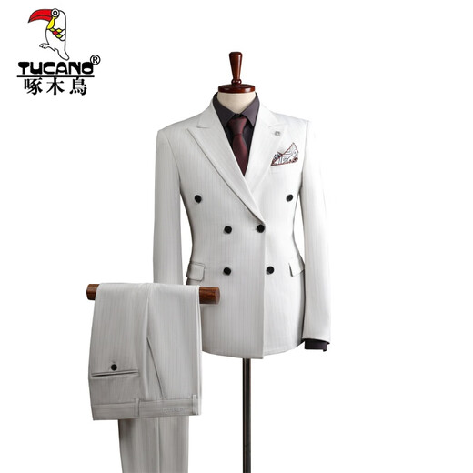 Woodpecker (TUCANO) double-breasted striped suit men's suit casual groom wedding dress business slim suit suit men 6831 black stripes (suit + trousers) 52/XL (125-135Jin Jin equals 0.5 kg)