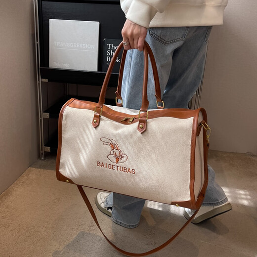 妙普乐旅行包女帆布包收纳行李包手提包旅游出差轻便大容量短途行李包包 棕色大号(可放三到四天衣服)
