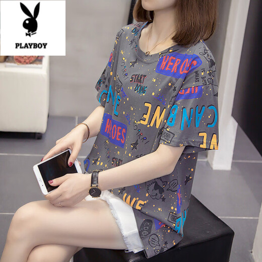 
Playboy (PLAYBOY) plus size to cover the belly and make it look slim top for women 2025 summer new fat mm casual loose cotton short-sleeved T-shirt for women 6627 blue M about 80-95