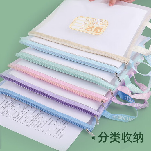 递乐A4文件袋大容量拉链袋学生网纱试卷学科目分类袋收纳作业资料补习袋 三层1484 作业款 三层网纱补习袋 作业款
