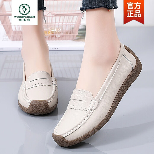 
Woodpecker mother shoes flat sole comfortable middle-aged and elderly leather shoes genuine leather spring and autumn single shoes beef tendon soft sole non-slip one-foot bean shoes gray 826 38