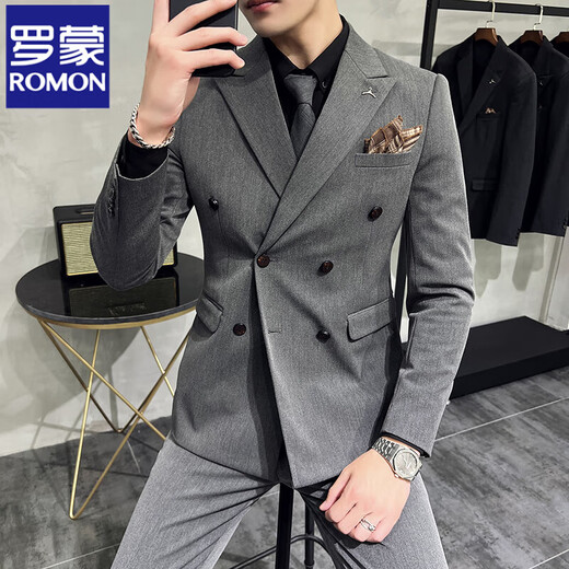 ROMON spring and autumn off-white double-breasted suit for men, slim, handsome, casual, small suit jacket style, white (jacket + pants) M