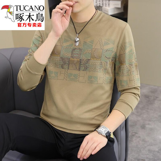 Woodpecker (TUCANO) 2025 Spring and Autumn New Men's European Long Sleeve T-shirt with Fat and Large Size Sweater Men's Personal Base Shirt Top Thin [Spring and Autumn] 6628 White M 90-115Jin [Jin equals 0.5 kg]
