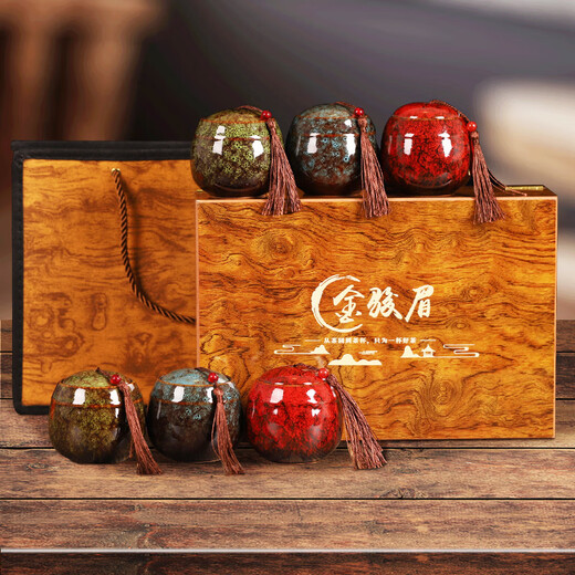 Gugentang Jinjunmei Black Tea Wuyishan Tea Gift Box High-end Lapsang Souchong Wholesale Gifts Six Ceramic Jars Classic Wooden Box Jinjunmei