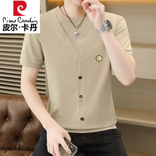 皮尔卡丹（pierre cardin）夏季冰丝针织假两件短袖T恤男韩版修身痞帅凉感薄款半袖体恤上衣 6626灰色 XL 125-140斤