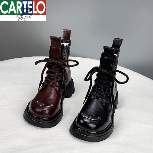 CARTELO leather Martin boots for women 2024 new autumn British style European products ins trendy slim thick-soled short boots burgundy (added velvet style) 38
