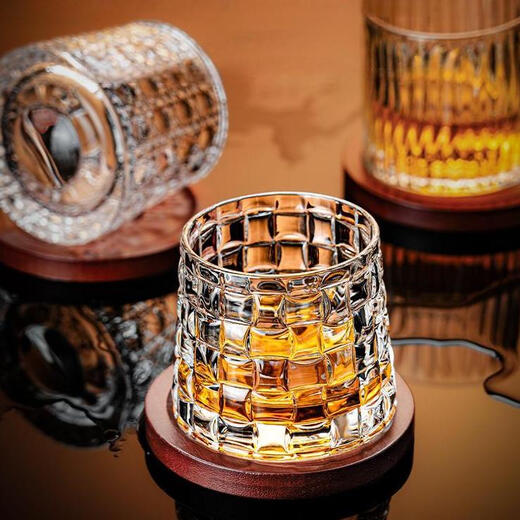 NOTICS whiskey cup household crystal wine cup light luxury high-end tumbler rotating glass beer cup with coaster cut flower + snowflake + diamond + water pattern 280ml 4 pieces