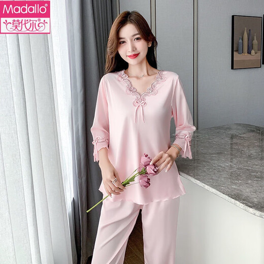 Victoria's Style (VEDORYGEDIAO) pajamas for women in summer long-sleeved long trousers ice silk two-piece home clothes sexy ladies long-sleeved 9856 flesh color set One size [80-100Jin [Jin equals 0.5 kg]]