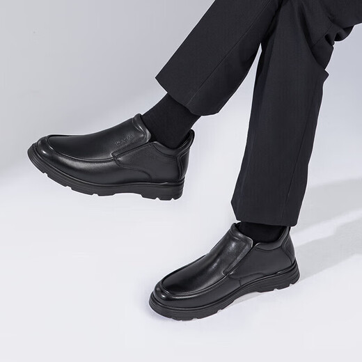 Kangnai men's toe-layer cowhide winter warm plus velvet high-top leather shoes men's business casual shoes black 42