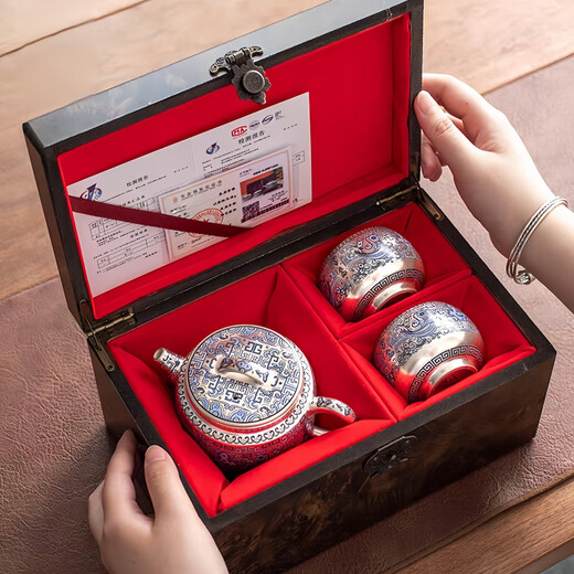 Silver pot 999 teapot set, gilt silver kung fu tea set, tea cup, home business, high-end gift set, gilt silver Houde carrying pot + 2 cups gift box, gift bag, 101mL (inclusive)-200mL (inclusive)