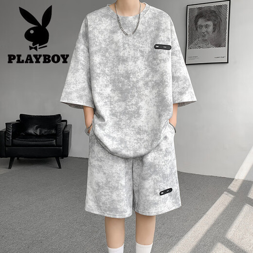 花花公子（PLAYBOY）夏季套装男小众设计感扎染七分袖t恤短裤潮流酷帅大码男装一整套 TZ757扎染黑 M (建议95-110斤)