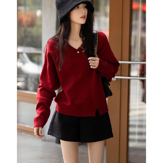 Demana autumn and winter passionate French big sister V-neck sweater temperament beaded sweater women's top Chinese red XL