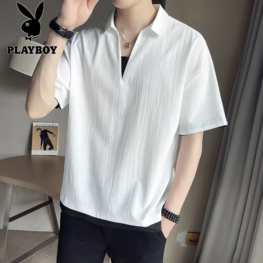 花花公子（PLAYBOY）假两件V领T恤男潮牌短袖POLO保罗衫冰丝半袖2025新款夏季男装体恤 682短袖棕色 XL