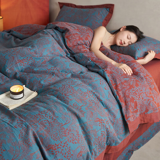 Mercury series autumn and winter thickened high-end retro plant and flower Class A cotton double-layer jacquard bed four-piece maternal and infant grade sheets Forest Blue - Class A maternal and infant grade 1.8m bed sheet style four-piece set suitable for 200x230c