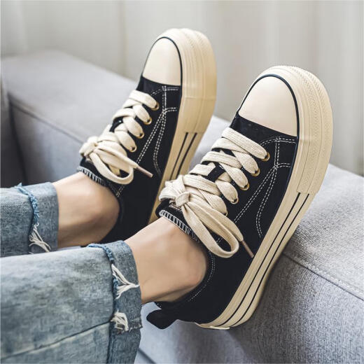 Yuqiao Zapatos de lona de suela gruesa 2025 Zapatos de tablero clásico coreano 1970 Sports de alumno bajo, pareja de deportes informales, bajo negro 42