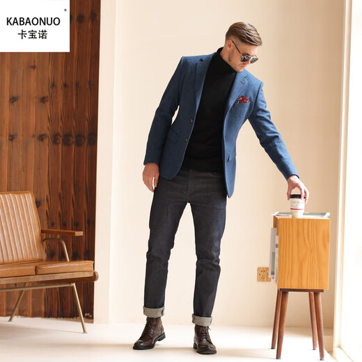 Kabaonuo autumn and winter wool thickened woolen blue casual suit jacket men's tweed British yuppie suit single suit autumn and winter peacock blue single suit slim version 42
