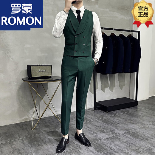 罗蒙（ROMON）双排扣马夹西服套装潮修身新郎伴郎兄弟团男马甲韩版商务休闲西裤 黑色马甲 L