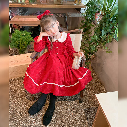 Anneyol girls autumn and winter dress 2026 new autumn and winter little girl princess dress autumn children's long-sleeved skirt red velvet 130
