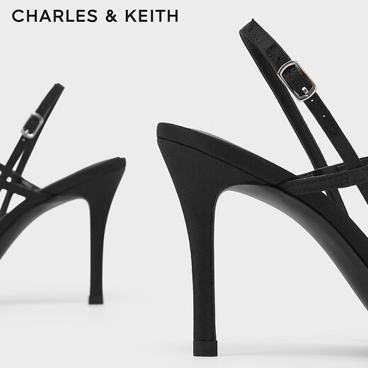 CHARLES/KEITH semi-precious stone pleated one-strip high heels sandals girls birthday gift CK1-60361402 Black 34