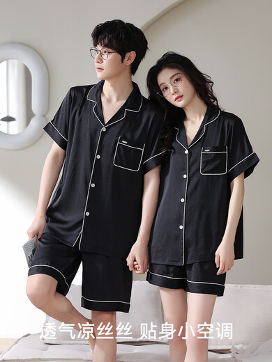 Catman (MiiOW) couple pajamas one man and one woman ice silk summer new high-end short-sleeved cardigan can be worn outside home clothing suit 6218-Men [Couple pajamas set ice silk style] XL [Please refer to the details page for details]
