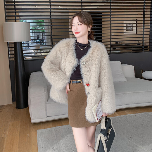 
Yiyi pure small fragrant style environmentally friendly fur plush coat for women's winter golden silk fox fur Korean popular street fur coat on white S
