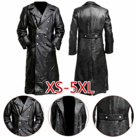 RSRDDY German Army World War II Uniform European and American Casual Large Size Long Leather Windbreaker Men's Double-breasted Suit Collar Leather Jacket Black Black S