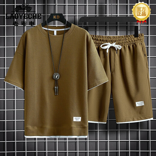 Classic Car (LAOYECHE) 2025 High-end Casual Sports Set Men's Summer Ice-Sensing Trendy Loose Short Sleeve Shorts Set Clothes 3880 Navy Blue Set M 165
