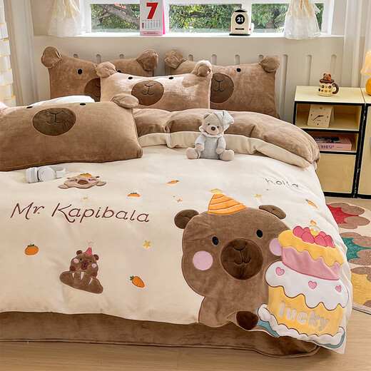 Thickened warm milk velvet four-piece children's cartoon bed sheet quilt cover coral velvet quilt cover Kapibara winter Kapibara Class A anti-static non-shedding 1.8m bed sheet four-piece set quilt cover 200x230