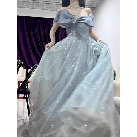 雷姆汀一字肩晚礼服女宴会气质轻奢洋气高端主持人艺考成人礼蓬蓬裙演出 灰蓝色 无肩膀两边的链条 S