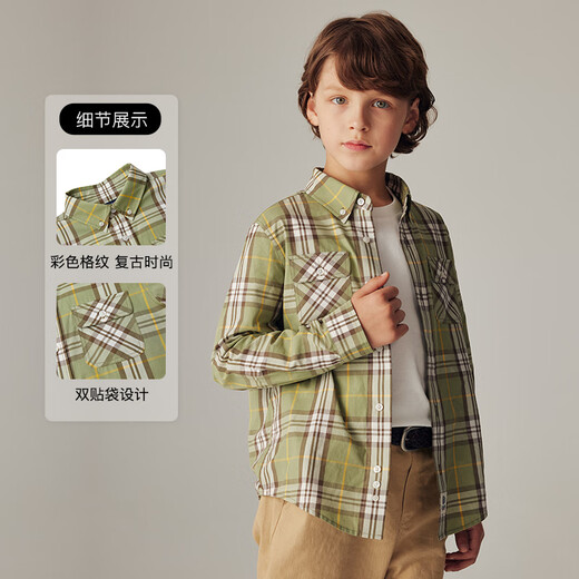 E LAND KIDS autumn new boys' college style pattern double patch pocket shirt OLIVE GREEN olive green/79 130 cm