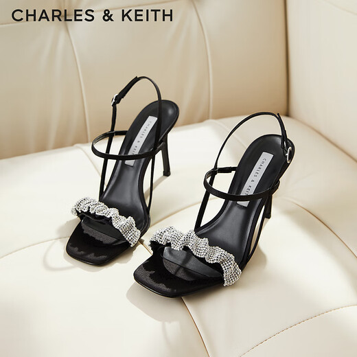 CHARLES/KEITH semi-precious stone pleated one-strip high heels sandals girls birthday gift CK1-60361402 Black 34