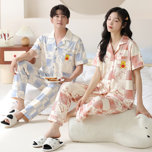 Langsha (Langsha) Pyjama-Paar Outfit Sommer reines Baumwoll 7A Antibakterielle kurzärmelige Hose Hauskleidung Ein Mann und eine Frau Sommer können Anzug 6228 Paar Outfit Frauen L+ Männer xxl tragen
