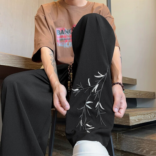 Digada New Chinese Style Casual Pants Men's Spring and Autumn and Summer New Ice Wire Embroidered Straight Droop Loose Trousers 55-DDWD-K81 Black Ice Wire Model XL (130Jin [Jin equals 0.5 kg] to 150Jin [Jin equals 0.5 kg] can be worn)