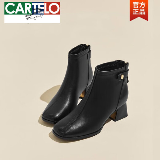 CARTELO genuine leather short boots for women in autumn and winter high-heeled leather shoes square toe mid-heeled cotton shoes 2025 new plus velvet thick heel Martin boots 36 black (plus velvet)