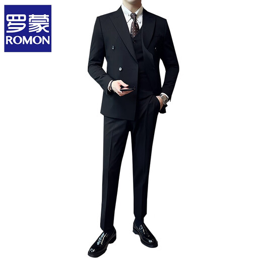 ROMON double-breasted gun lapel suit men's suit slim casual Korean style business formal men's wedding three-piece suit 338 black double-breasted suit + trousers XL
