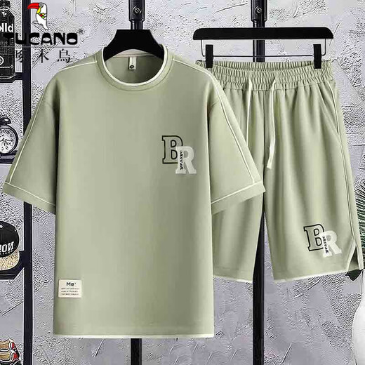 
Woodpecker (TUCANO) ice silk t-shirt men casual sports suit summer letter printing half-sleeved men teen short-sleeved shorts two-piece set T K1301 black [top + pants] M