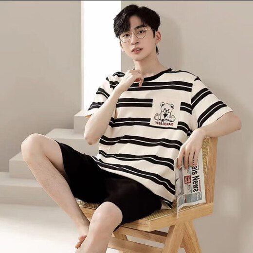 
Yingwen men's pajamas for summer short-sleeved thin style for youth loose large size 200 Jin [Jin equals 0.5 kg] Casual home clothing suit can be worn outside 6623# 4XL